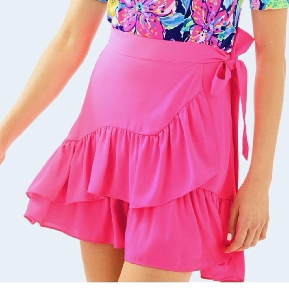 Lilly Pulitzer Nessa Ruffle Hem Wrap Front Mini Skirt Neon Pink 6